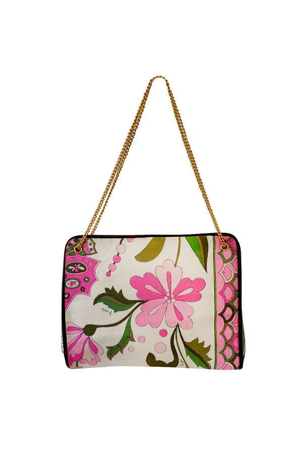 1960s Emilio Pucci Prettiest Soft Pink Floral Silk & Gold Chain Bag