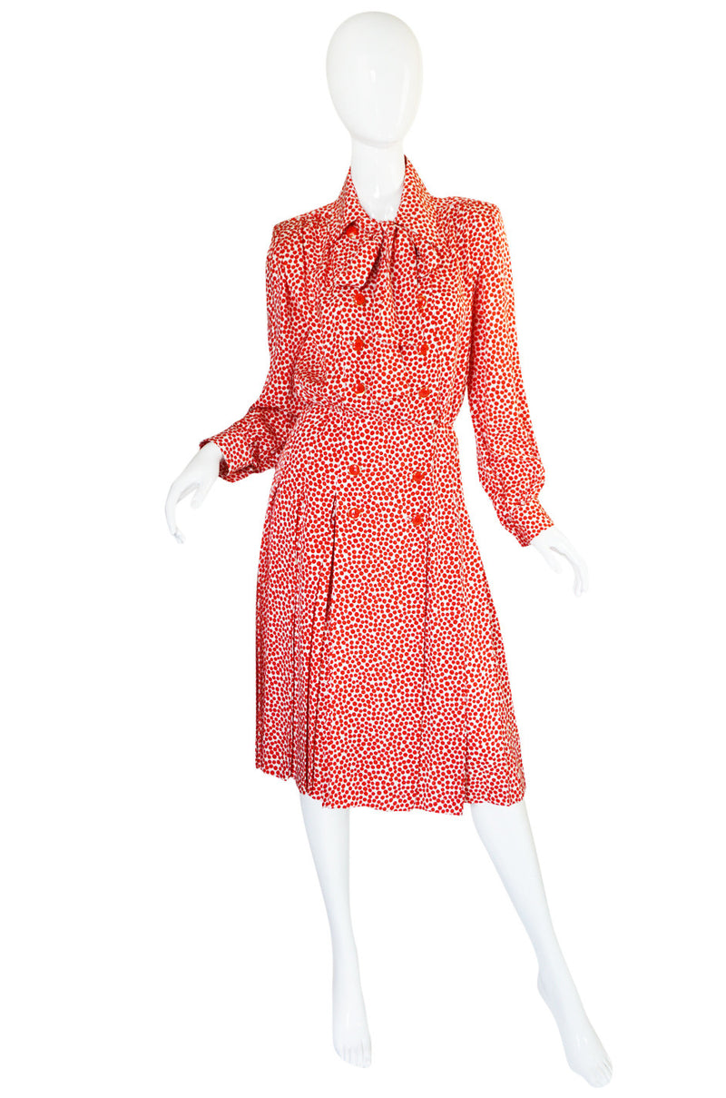 c1980 Yves Saint Laurent Red Silk Dot Day Dress