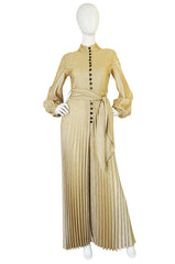 1970s Gold Lame Knit Jumpsuit with Wide Pleated Legs