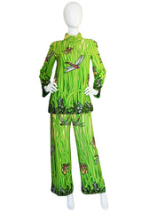 1960s Micheal Novarese Sequin Dragonfly & Flowers Silk Pant Suit