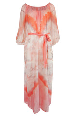 1970s Lillie Rubin Pink & Cream Tie Dye Silk Chiffon Dress