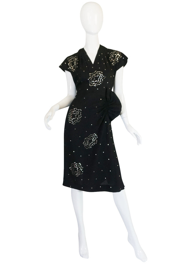 Rare 1940s Studded Hip Flare Black Crepe Dress