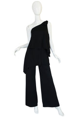 1970s Black Jersey One Shoulder Tiered Jumpsuit