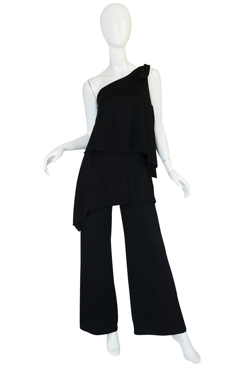 1970s Black Jersey One Shoulder Tiered Jumpsuit