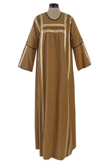 1960s Josefa Hand Embroidered w Brown Ribbon Detailing & Bird Motif Caftan Dress