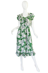 1940s Green Silky Rayon Hawaiian Leaf Print Dress