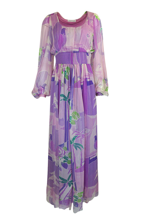 1970s George Stavropoulos Couture Floral Print Purple Silk Chiffon Maxi Dress