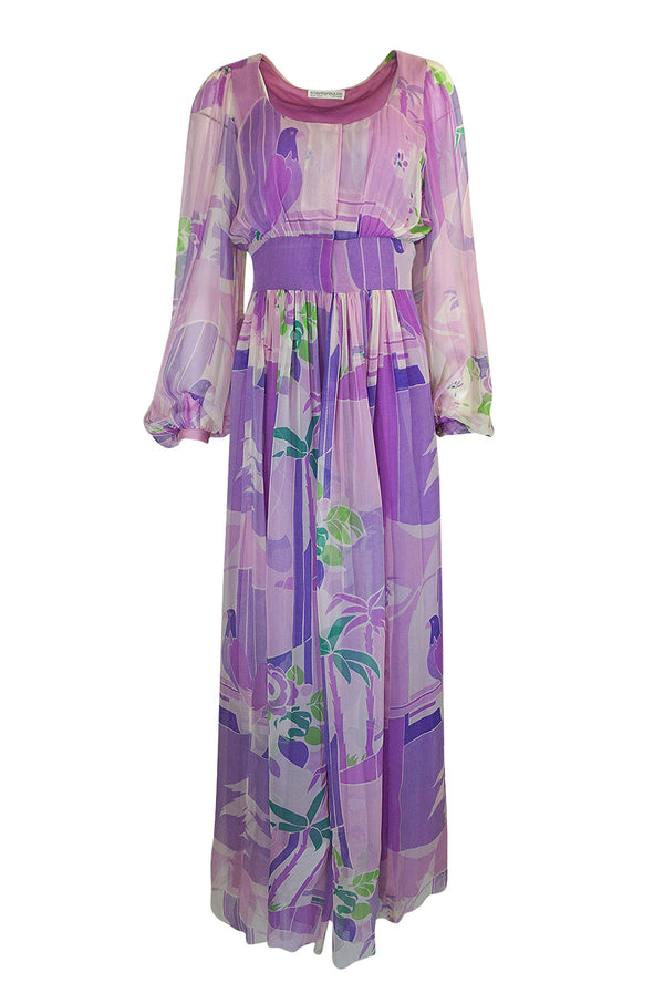 1970s George Stavropoulos Couture Floral Print Purple Silk Chiffon Maxi Dress