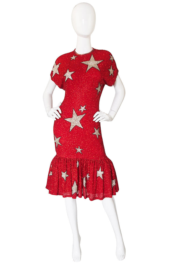 1980s Beaded Red & Silver Stars Dress