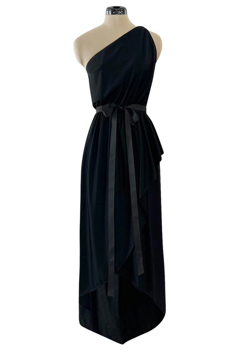Easy to Wear 1970s Halston Black Jersey One Shoulder High Low Dress