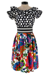 Cutest 1970s Geoffrey Beene Bazaar Mixed Floral & Dot Pattern Ruffle Dress