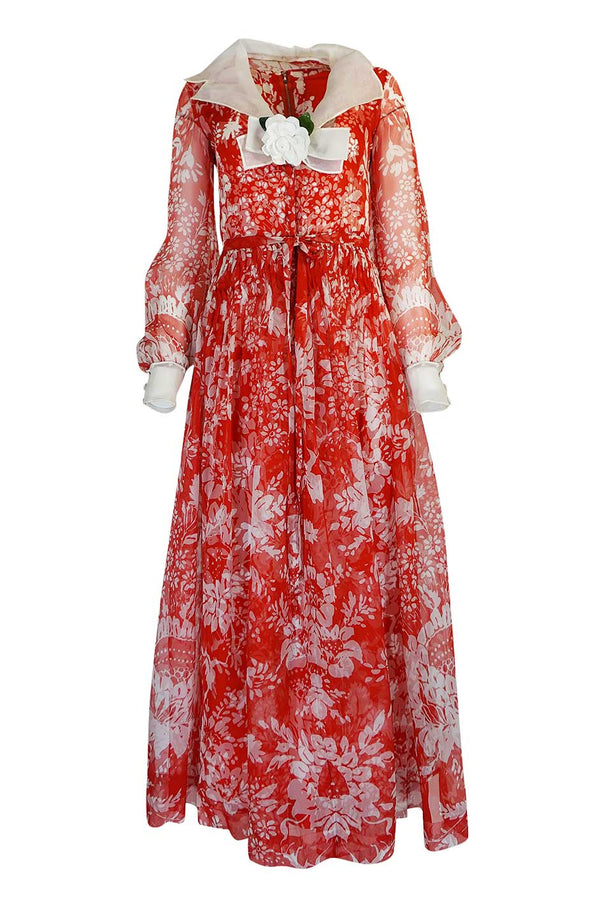 1973 Chanel Numbered Haute Couture Red Silk Chiffon Dress