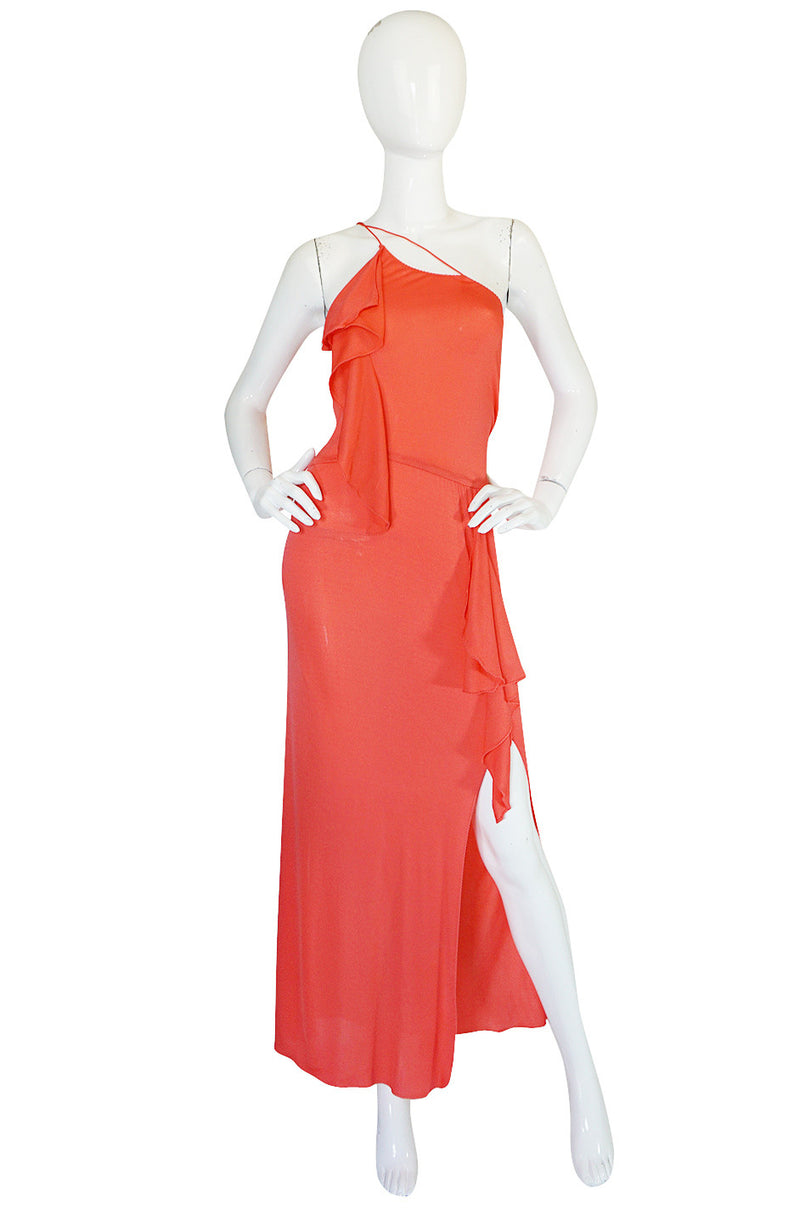 1970s Sexy Stephen Burrows Coral Jersey Maxi Dress