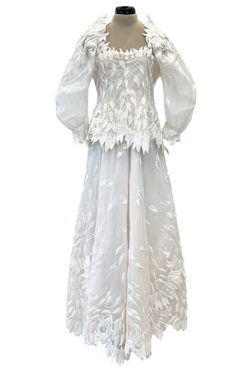 Spectacular Fall 1972 Stavropoulos 'Leaf' Applique Embroidered Silk Organza Ivory Couture Dress