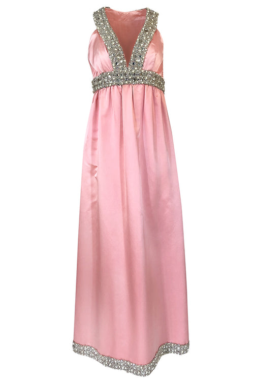 c.1966 Oscar De La Renta Pink Silk Satin & Silver Embellished Dress