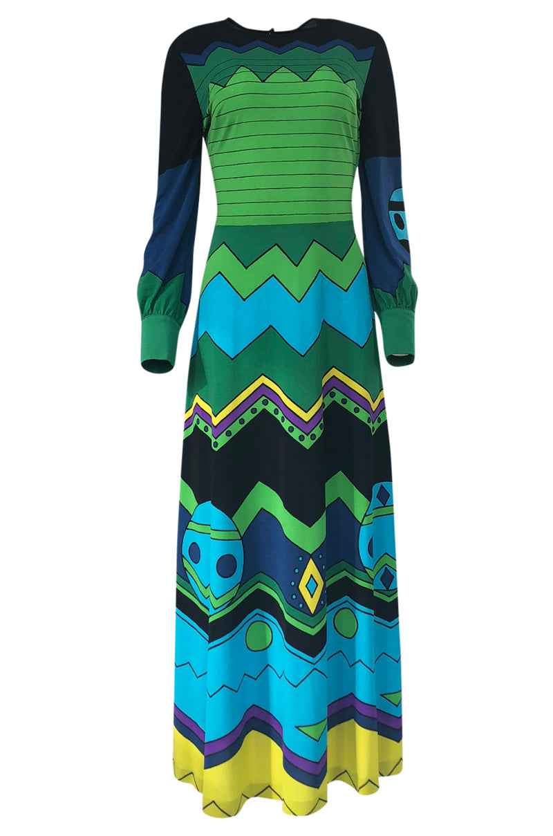 1970s Louis Feraud Turquoise & Green Printed Jersey Maxi Dress