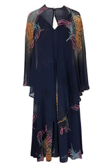 c.1977 Pauline Trigere Silk 'Fireworks' Print Halter Dress & Cape