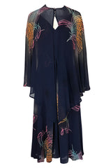 c.1977 Pauline Trigere Silk 'Fireworks' Print Halter Dress & Cape