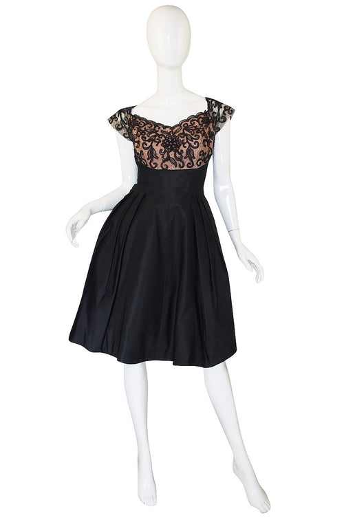 1950s Silk and Net Lace Beaded Cocktail Dress