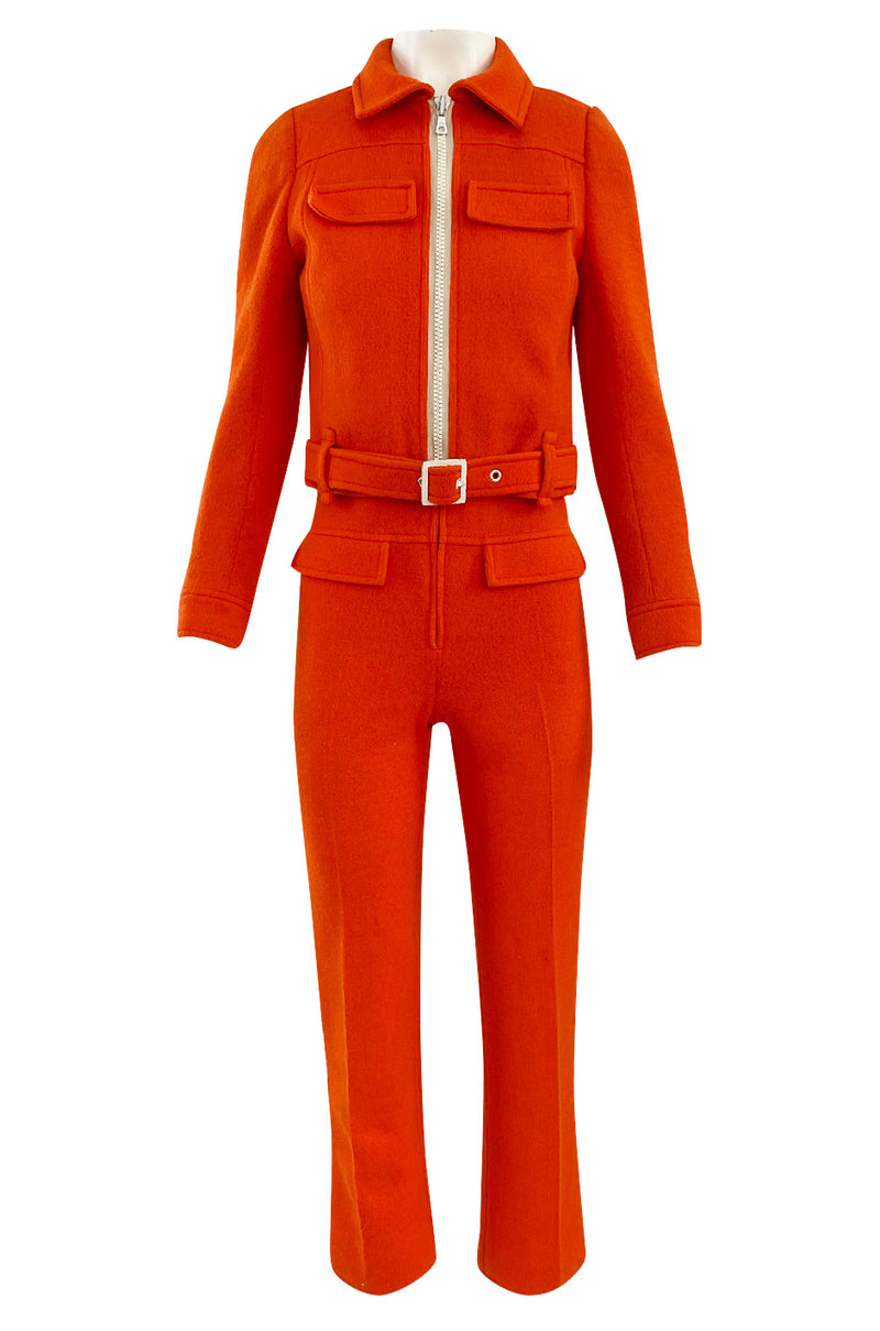 Rare 1970s Courreges Hyperbole Bright Orange Wool Jumpsuit & Matching Cropped Jacket