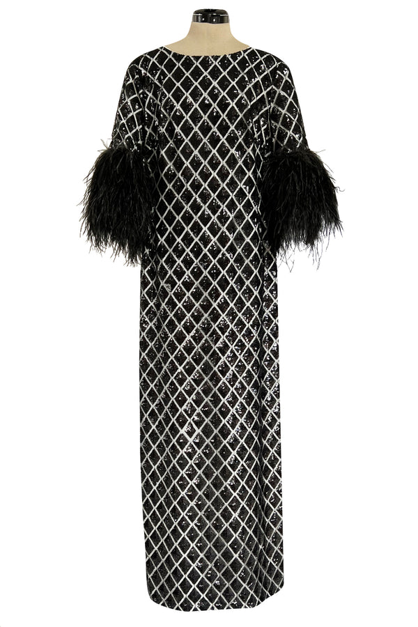 Gorgeous Fall 2019 Huishan Zhang Runway Black & Silver Sequin Dress w Feather Sleeves