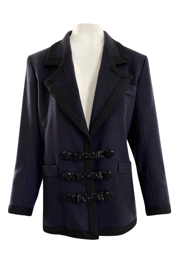 Documented Fall 1990 Yves Saint Laurent Cashmere Jacket w Leather Braid Closures