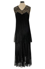 Light as Air Late 1920s Unlabeled Fine Black Lace Dress w Matching Jacket & Rhinestone BuckleBelt