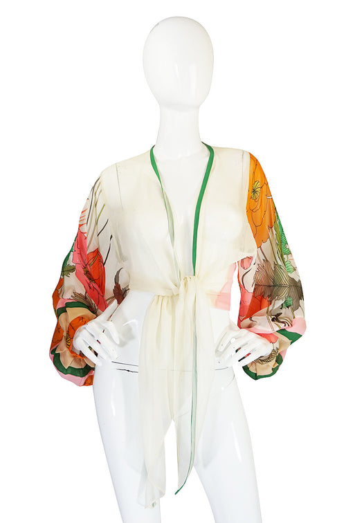 1960s Printed Ballon Sleeve Silk Chiffon Wrap Top