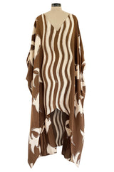 1980s Bill Blass Wavy Stripe & Abstract Print Pattern Soft Brown & Creamy Taupe Silk Caftan Dress