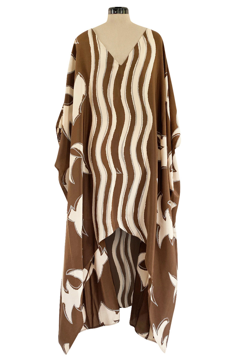1980s Bill Blass Wavy Stripe & Abstract Print Pattern Soft Brown & Creamy Taupe Silk Caftan Dress