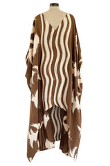 1980s Bill Blass Wavy Stripe & Abstract Print Pattern Soft Brown & Creamy Taupe Silk Caftan Dress