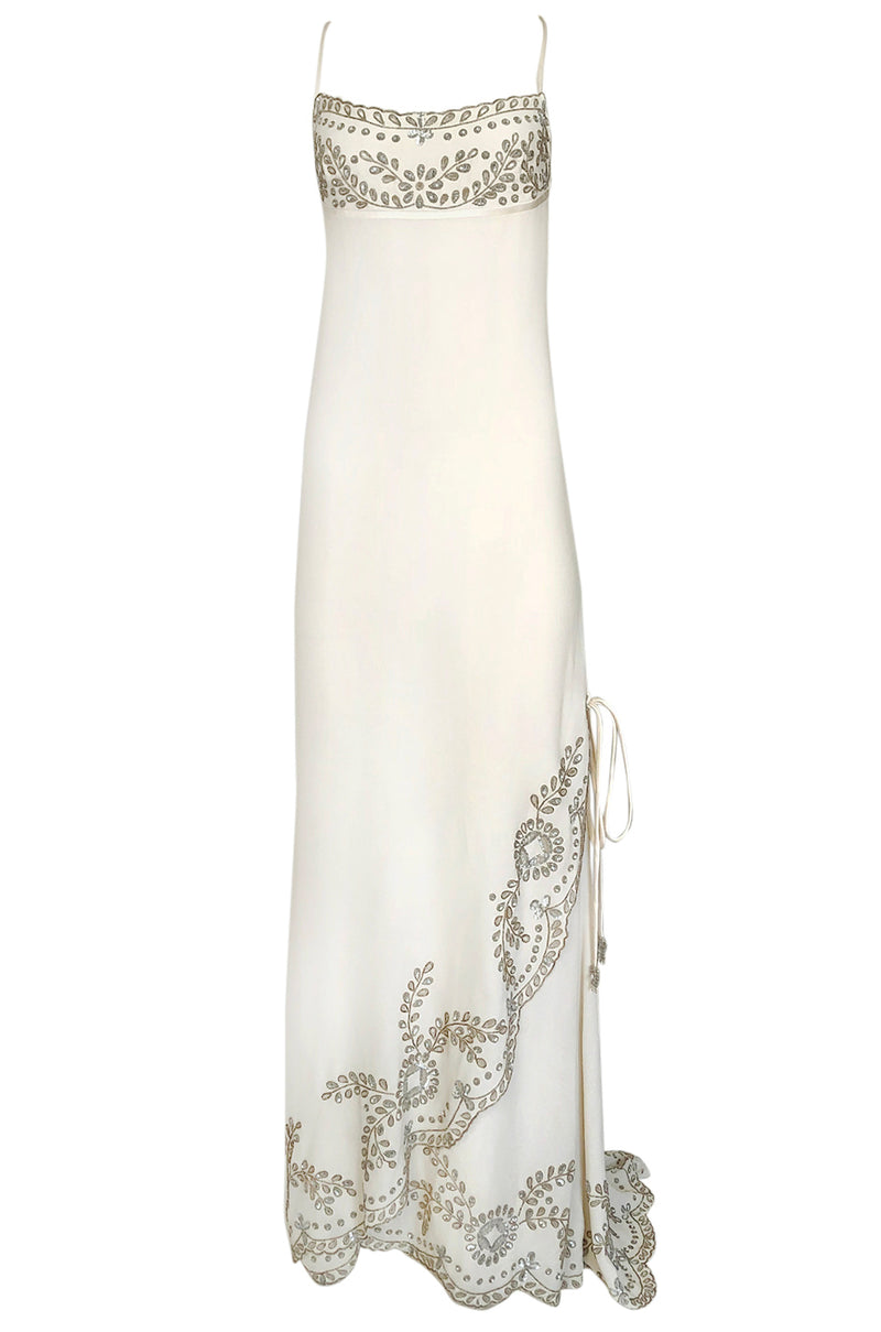 1990s Valentino Trained Backless Ivory Silk Dress w Sequin & Bead Deta Shrimpton Couture 1990s Valentino Trained Backless Ivory Silk Dress w Sequin & Bead Deta Shrimpton Couture
