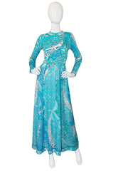 1970s Turquoise Blue Silk Bessi Maxi Dress