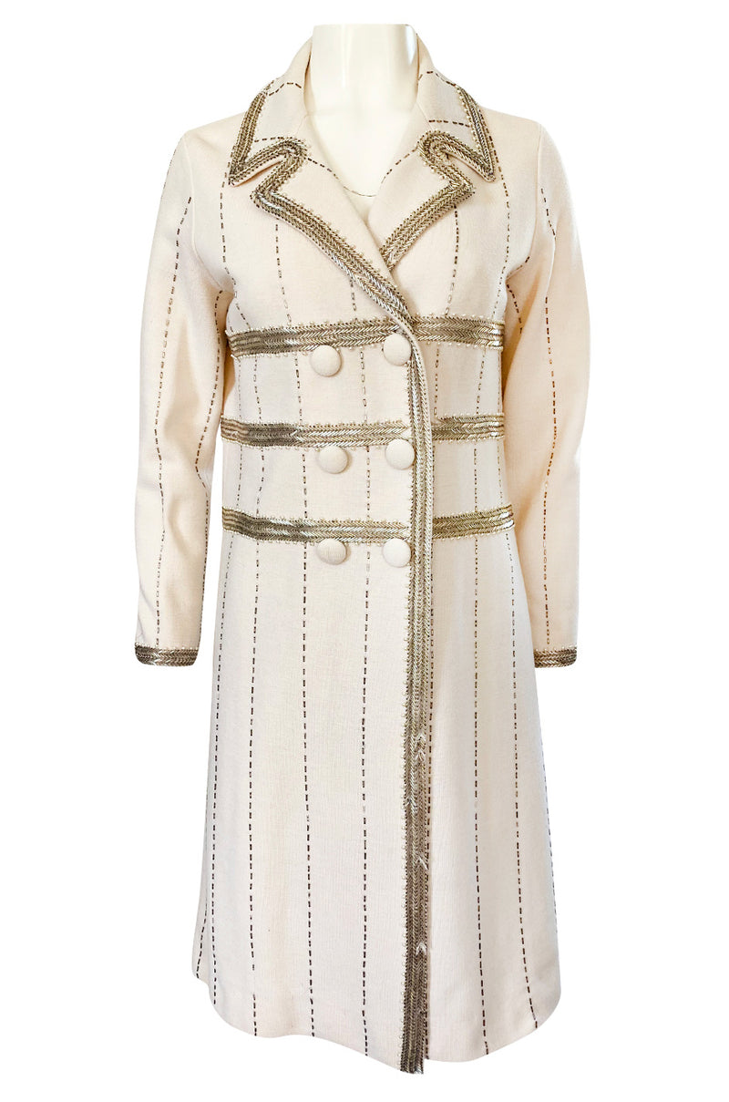 1960s Unlabeled Mr. Blackwell Beaded Ivory Wool Jersey Coat