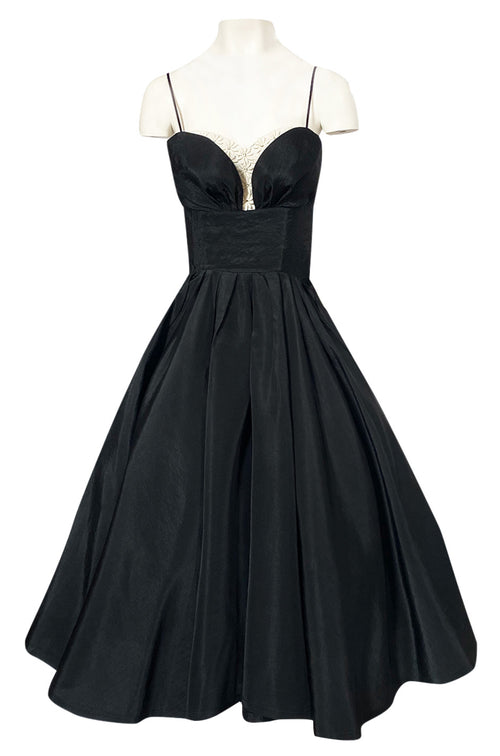 1950s Unlabeled Black Full Circle Skirted Silk Dress w Daisy Applique Bust