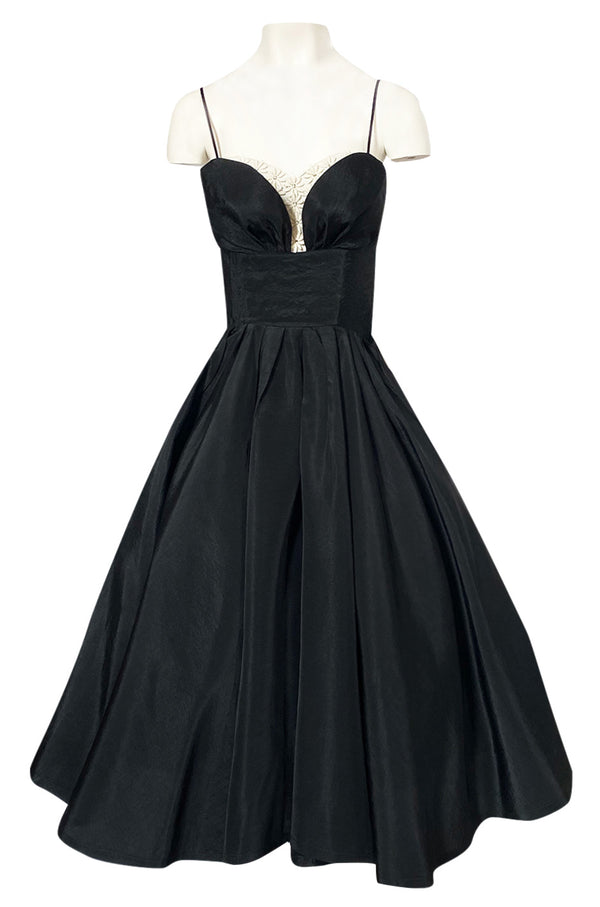 1950s Unlabeled Black Full Circle Skirted Silk Dress w Daisy Applique Bust
