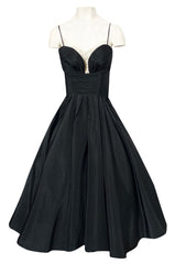 1950s Unlabeled Black Full Circle Skirted Silk Dress w Daisy Applique Bust