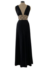 Incredible 1970s Loris Azzaro Open Gold & Black Bead Waist Dress w Halter Top & Bare Back