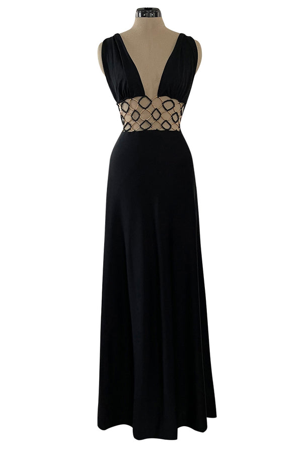 Incredible 1970s Loris Azzaro Open Gold & Black Bead Waist Dress w Halter Top & Bare Back