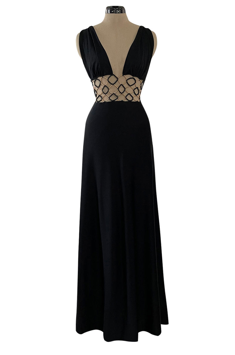 Incredible 1970s Loris Azzaro Open Gold & Black Bead Waist Dress w Halter Top & Bare Back