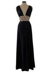 Incredible 1970s Loris Azzaro Open Gold & Black Bead Waist Dress w Halter Top & Bare Back