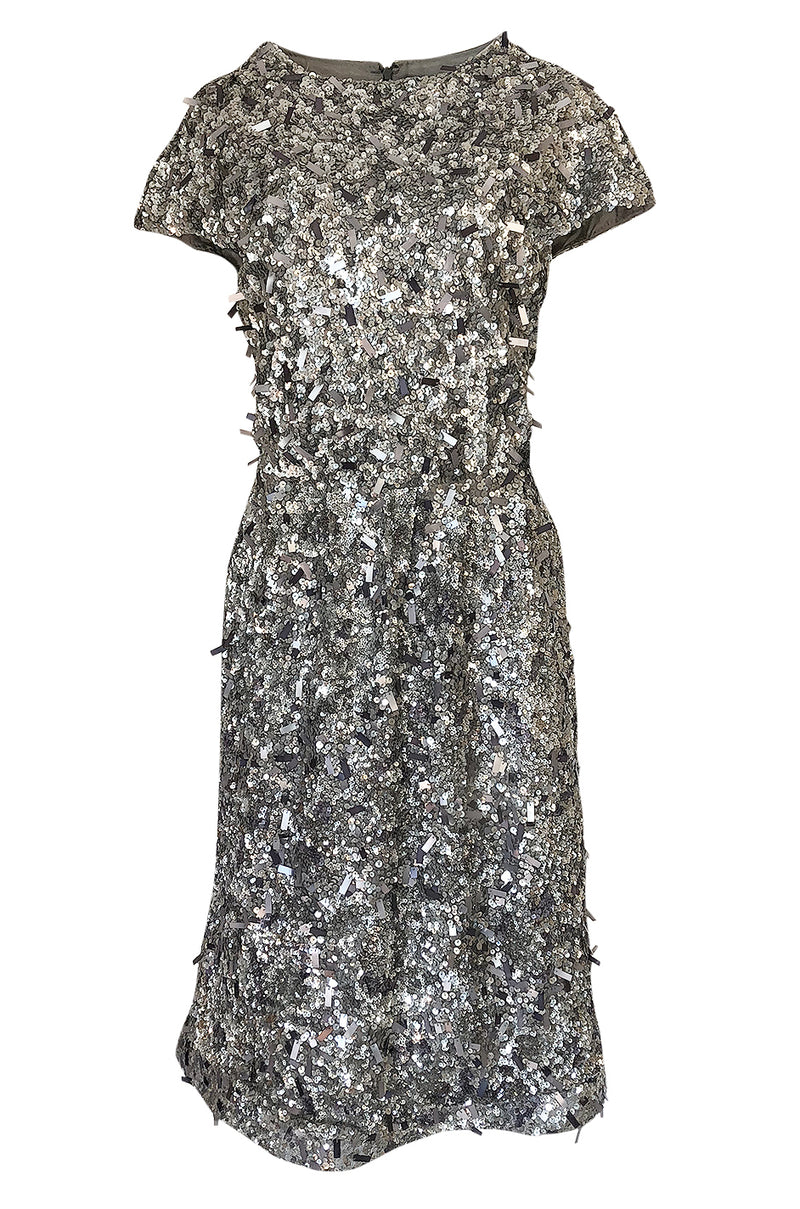1980s Bill Blass Densely Covered Silver Sequin & Pailettes Dress