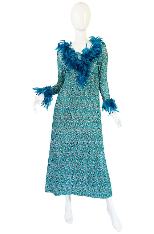 1960s Blue Metallic Thread on Net Feather Dress