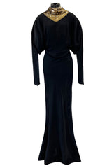 Fabulous 1930s Bias Cut Black Crepe w Gold Sequin Collar and Gold Metal Button Detail