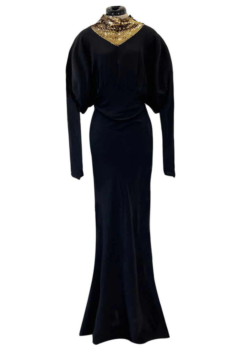 Fabulous 1930s Bias Cut Black Crepe w Gold Sequin Collar and Gold Metal Button Detail