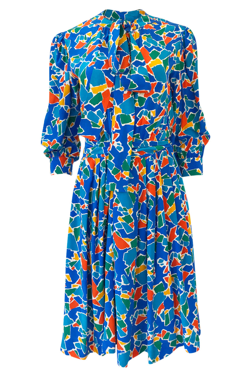 Spring 1983 Yves Saint Laurent Silk Multi Color Print on Blue Dress Shrimpton Couture Spring 1983 Yves Saint Laurent Silk Multi Color Print on Blue Dress Shrimpton Couture