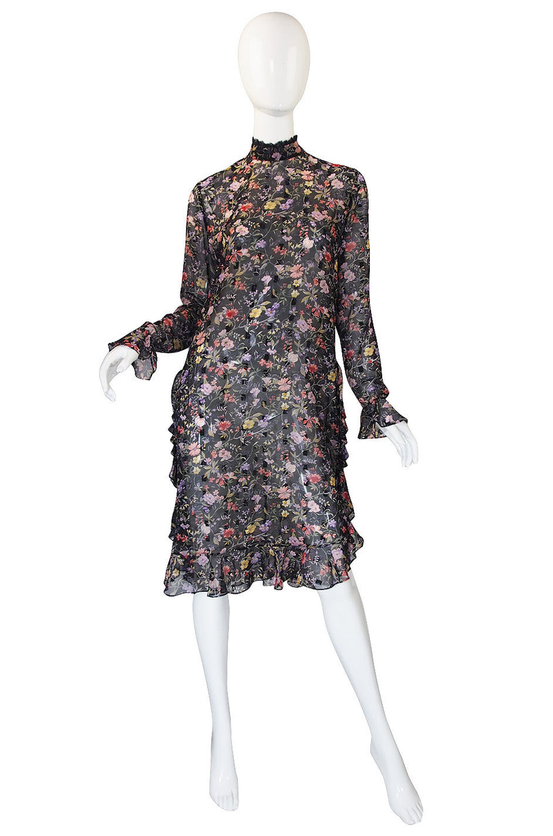 1980s Floral Silk Chiffon Hanae Mori Ruffle Dress