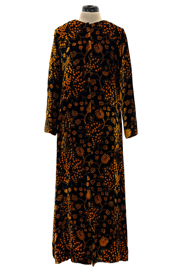 Amazing 1975 Thea Porter Printed Burnt Gold & Black Silk Velvet Caftan Dress