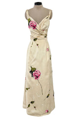 Gorgeous 1940s Unlabeled Ivory Silk Twill Dress w Painted & Appliqued Rose Print