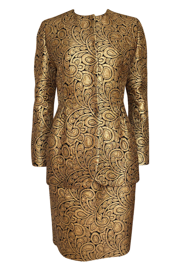 Fall 1991 Bill Blass Well Documented Gold Silk Brocade Jacket & Skirt Suit